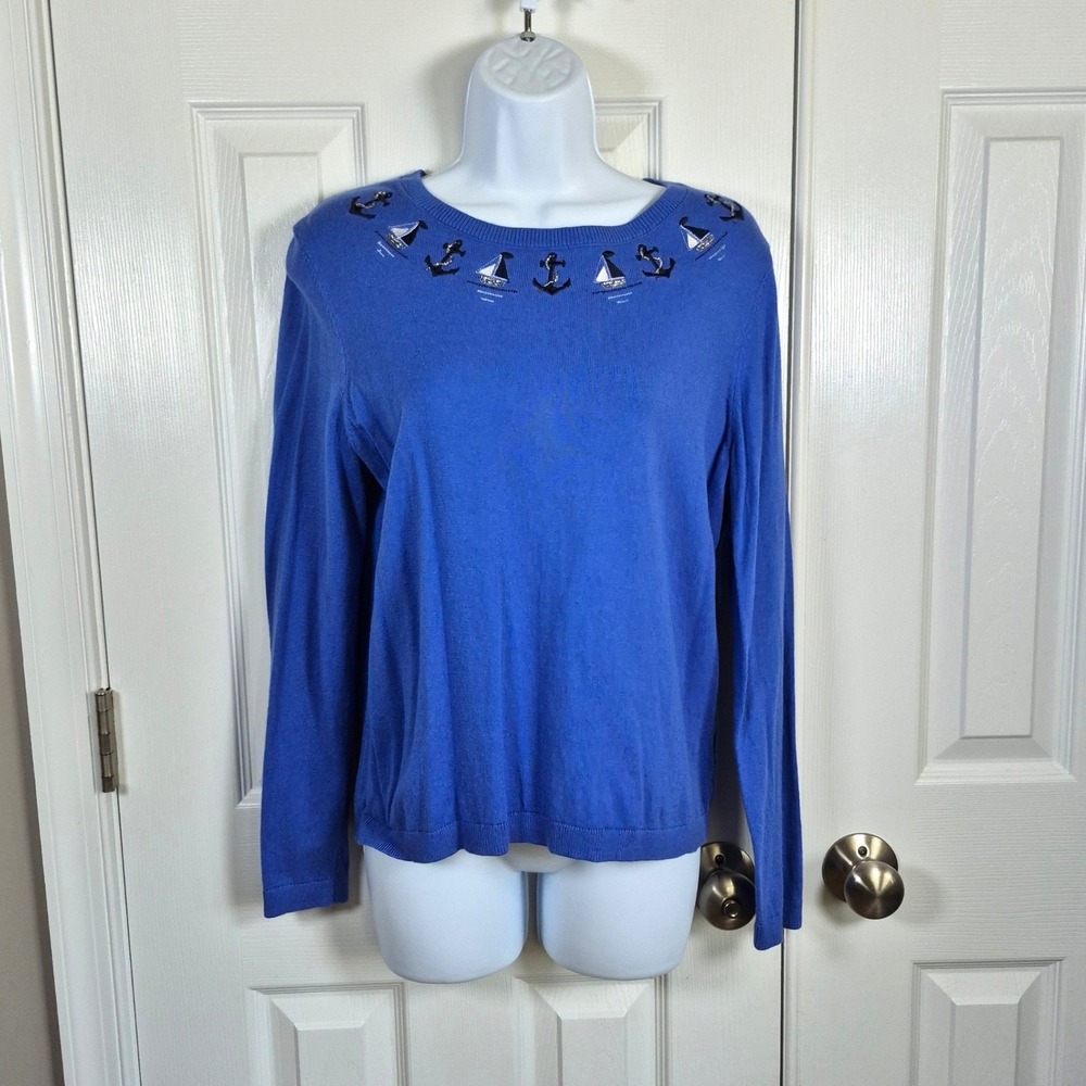 Talbots blue nautical beachy embellished long sleeve top womens petite large